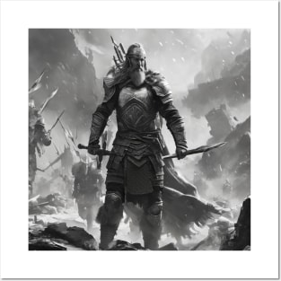 A Black and Gray apocalyptic Viking Battle in Valhalla with a Viking Warrior with a spear and a sword. Posters and Art